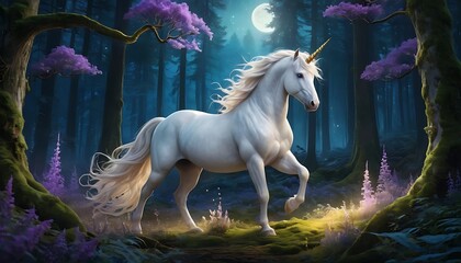 White Horse Walking in a Mystical Forest with a Moonlit Sky