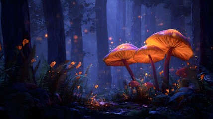 Naklejka premium Mystical Forest Illumination Captivating Glow of Bioluminescent Mushrooms in Enchanted Woods An Immersive Fantasy Wallpaper Experience For all Adventurous Souls