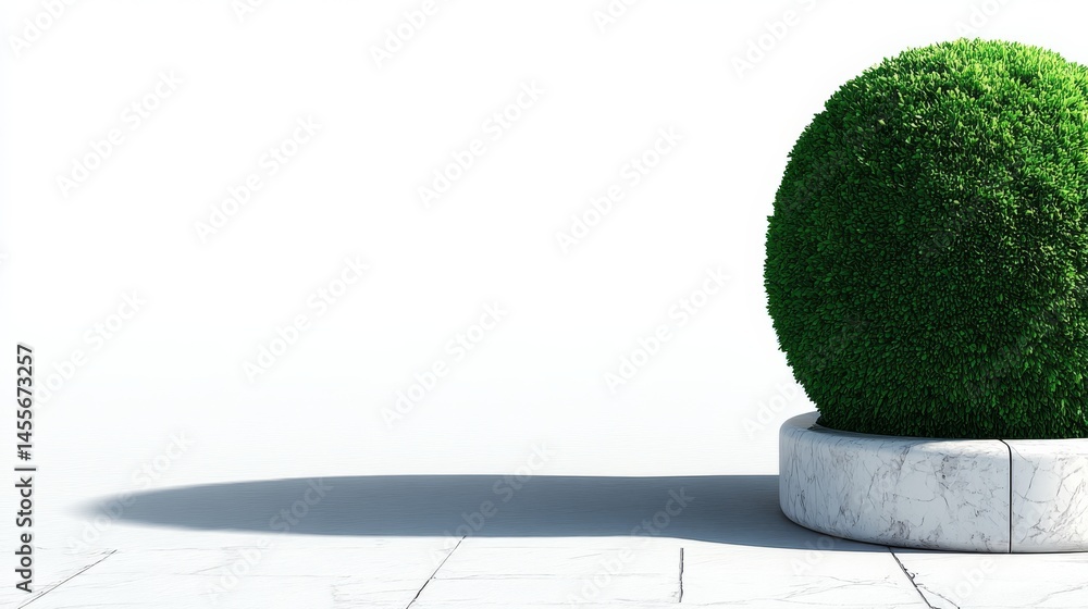 Poster round bush with thick green leaves sits against a white backdrop, casting a soft shadow, offering am