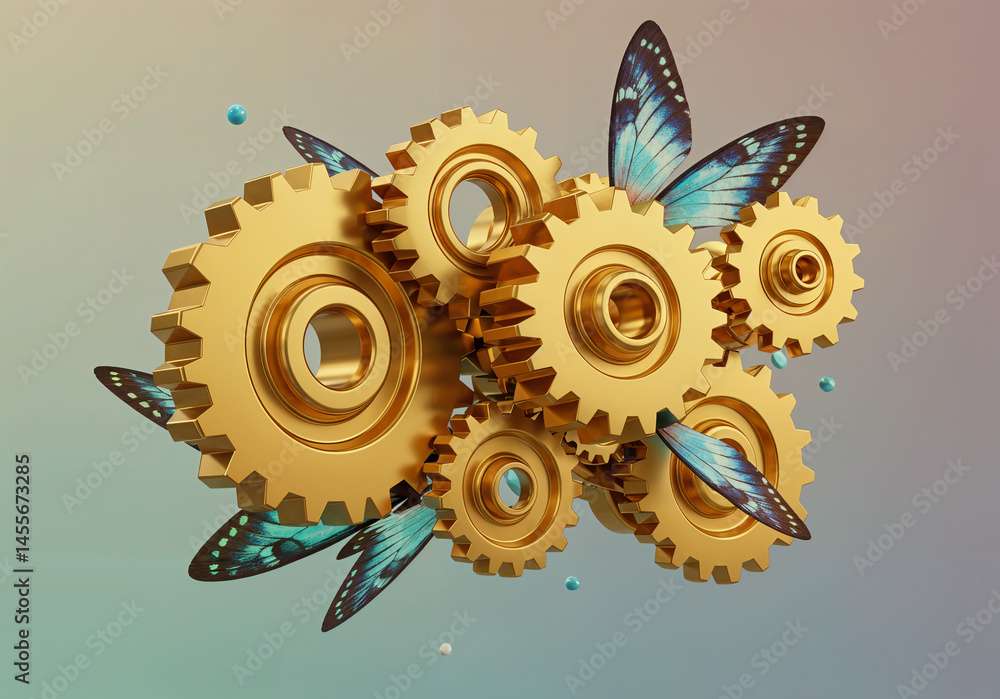 Poster abstract background with mechanisms and butterflies . generative ai