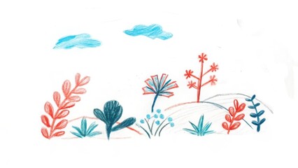 Watercolor painting of a whimsical garden with flowers and clouds illustration