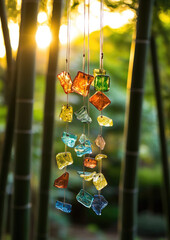 Naklejka premium Colored Glass Wind Chime Swaying with Light and Reflective Fragments