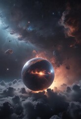 Glowing sphere floats in deep space, surrounded by nebula clouds ,  texture,  bright