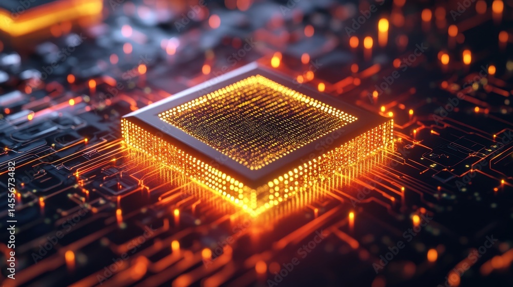 Poster glowing microchip surrounded by digital circuits at night, showcasing advanced technology and illumi