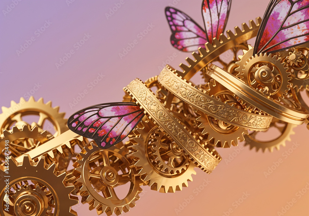 Poster abstract background with mechanisms and butterflies . generative ai
