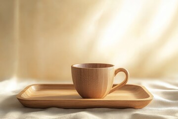 Obraz premium Wooden cup and tray on a pale backdrop.