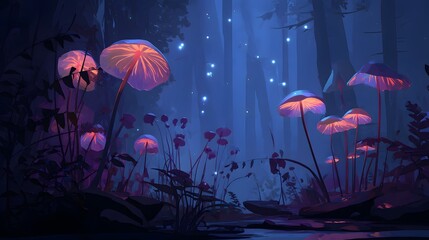 Enchanted Forest Illumination A Captivating Wallpaper Displaying Vibrant Mushrooms and Glowing Lights Creating a Mystical and Dreamlike Atmosphere in the Woods