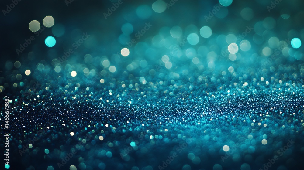 Poster shimmering turquoise particles create a mesmerizing effect in a soft-focus background, illuminated b