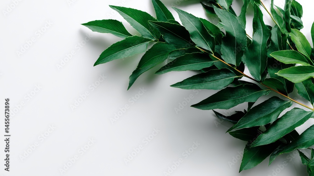 Poster delicate green fern fronds are intricately spread out on a pristine white surface, emphasizing their