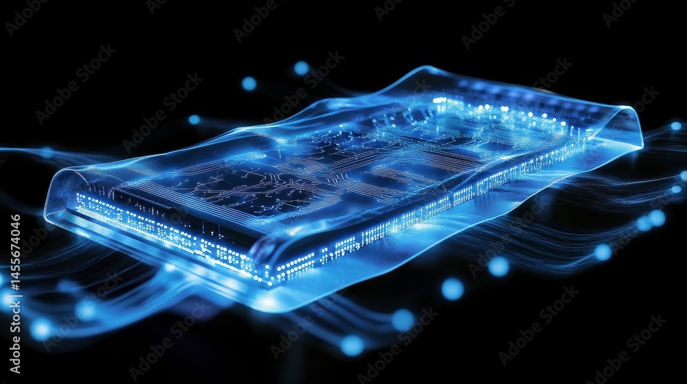 Poster modern microprocessor technology showcasing intricate wiring and luminous design in a futuristic set