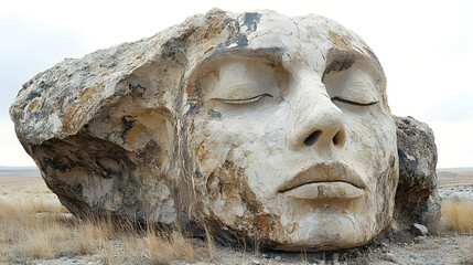 Obraz premium Sculpted stone face partially buried in a dry, arid landscape