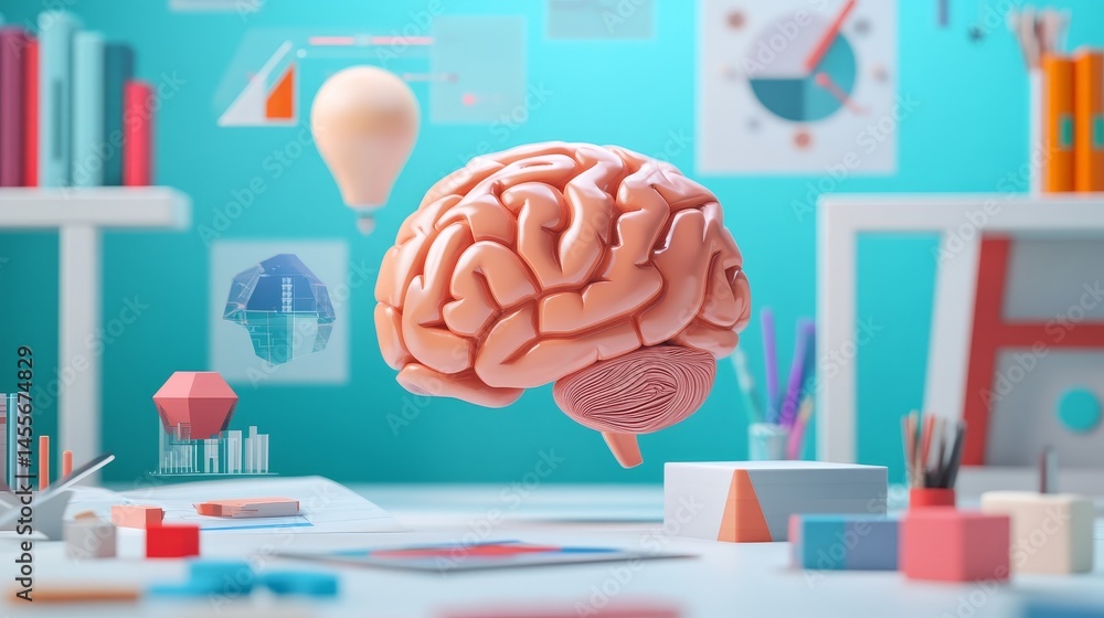 Poster colorful digital brain surrounded by abstract shapes and patterns in a creative workspace during day
