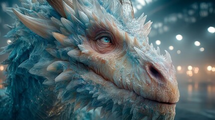 Majestic ice dragon with intricate scales and glowing eyes. High detail ice carving