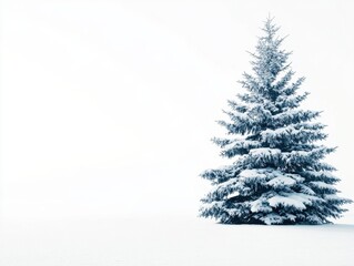 Fototapeta premium Solitary Snow Covered Fir Tree on a White Winter Landscape in a Minimalist Setting