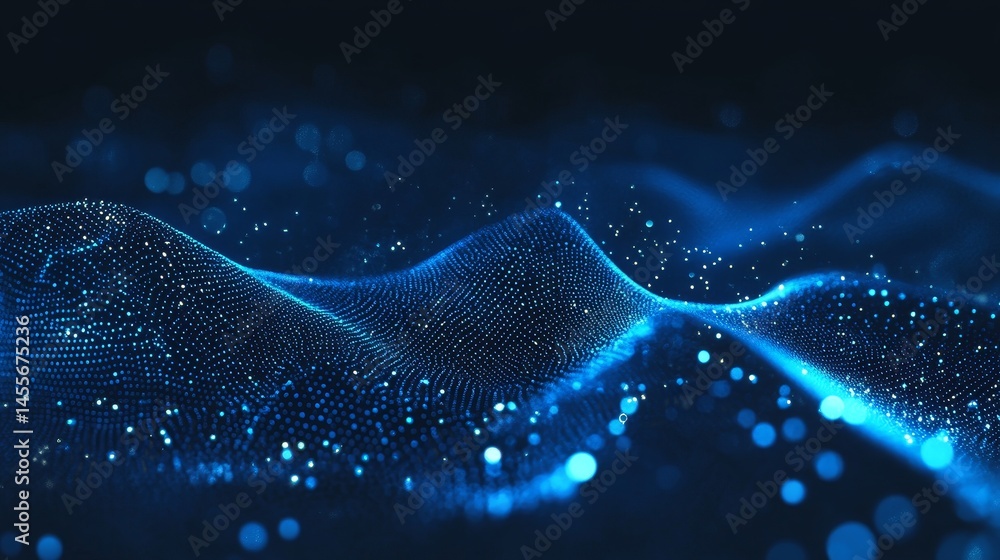 Poster innovative visualization of abstract blue wave patterns with glowing particles against a dark backdr