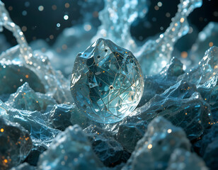 Obraz premium Floating Faceted Sphere on Crystalline Surface with Bokeh