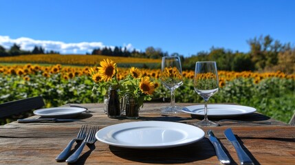 Sunflower field dining table setting