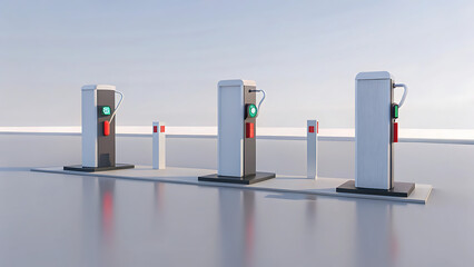 Three electric vehicle charging stations aligned in eco friendly setup