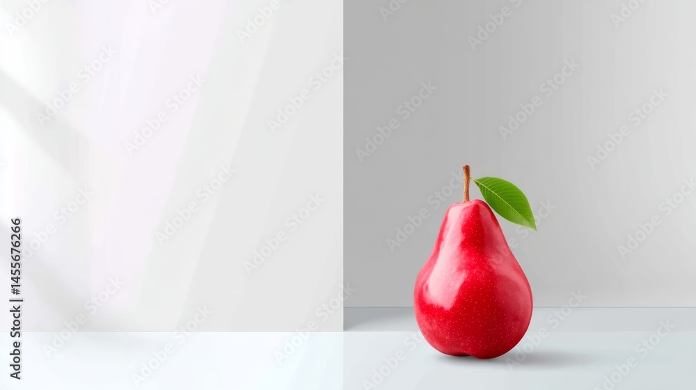 Poster A bright red pear with a single green leaf stands out on a clean white background, creating a striking visual that emphasizes bold simplicity and freshness
