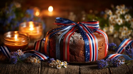 Traditional Slovenian potica cake with festive ribbons, glowing candlelight, alpine wildflowers; celebrating national pride and heritage.
