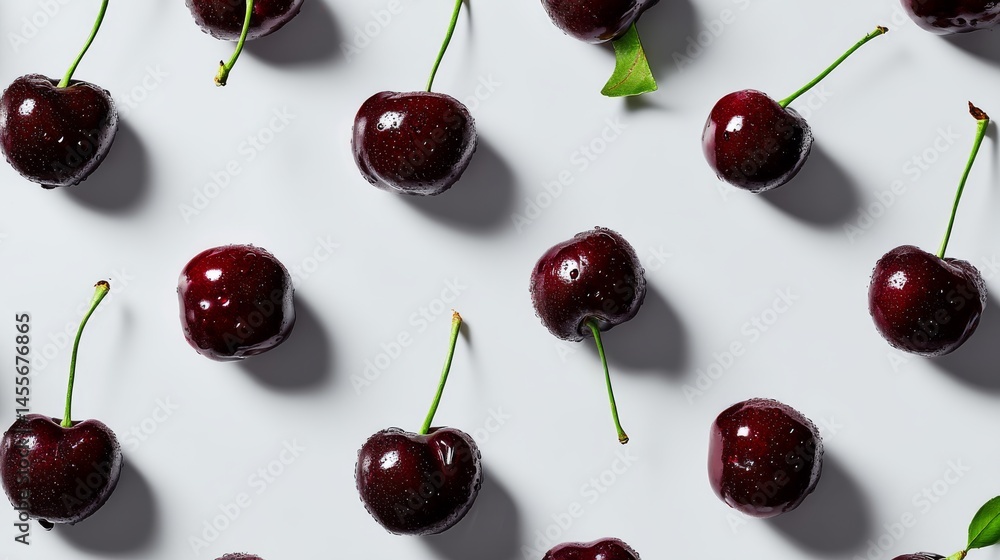 Aufkleber Fresh cherries are meticulously arranged in a grid pattern on a bright background, creating a visually striking composition with ample space for text