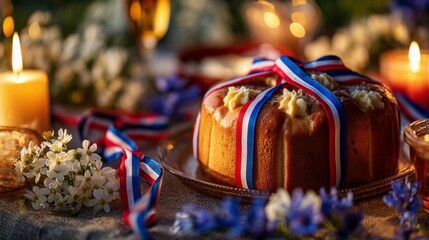 Traditional Slovenian potica cake with festive ribbons, glowing candlelight, alpine wildflowers; celebrating national pride and heritage.

