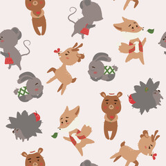 Seamless pattern with deer, fox, bear, Ideal for textiles, mouse, hedgehog,  bunny. wallpapers or prints.