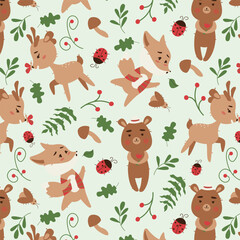 Seamless pattern with deer, fox, bear, twigs and leaves. Ideal for textiles, wallpapers or prints.