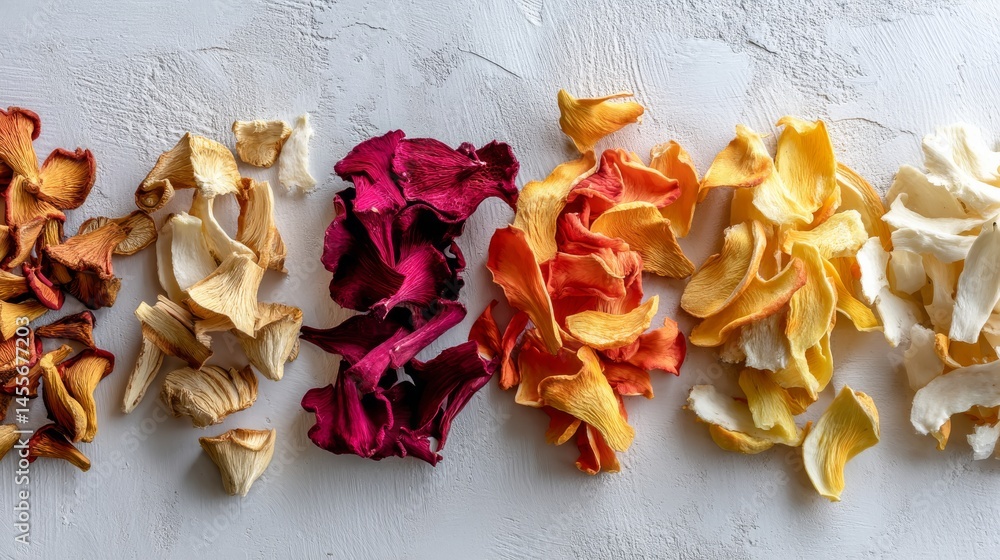 Poster Vividly colored dried vegetable slices in various shapes create an appealing layout on textured paper, leaving ample space on the right for creative use