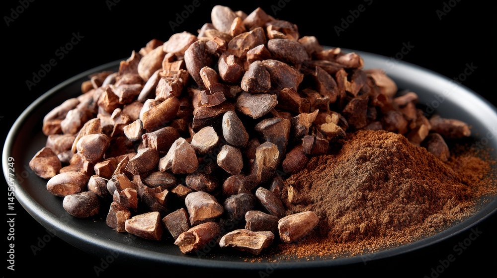 Aufkleber Close-up view features cracked cocoa nibs blended with cinnamon dust on a matte black plate, presenting an enticing display of earthy tones and refined textures