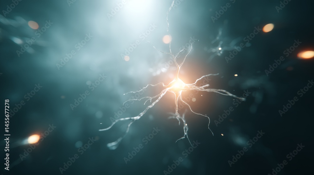 Fototapete A neural cluster emits light in a digital black void, featuring intricate branching paths and lens flares, creating a captivating visual experience with ample copy space