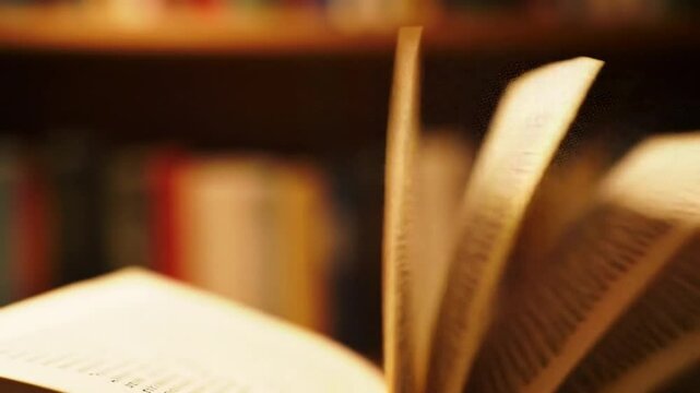 A reader flips through the aged pages of a book in a quiet library, surrounded by shelves filled with numerous literary works. The warm ambiance enhances the experience of exploration.