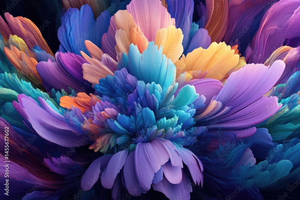 Poster vibrant abstract flower, layered and textured petals in a multitude of hues, from blues and purples 