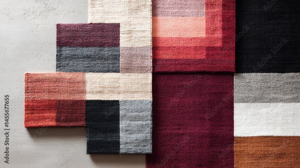 Poster Close-up view of a woven tapestry featuring intersecting abstract linework in soft earthy tones, designed as a seamless surface with room for text