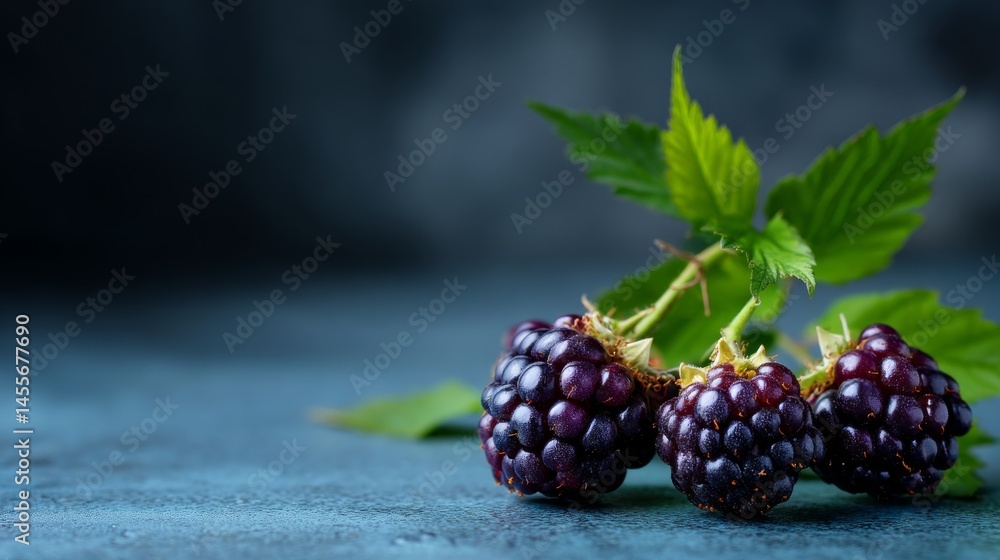Aufkleber Ripe blackberries with vibrant green leaves rest on a textured dark surface, illuminated by soft side lighting, creating an inviting composition with ample copy space