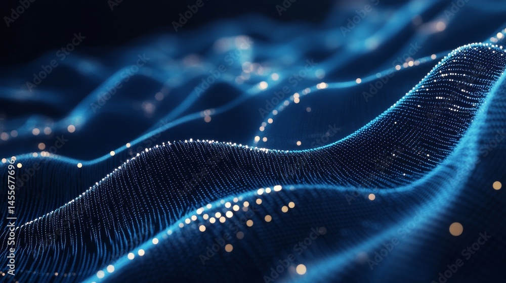 Poster digital landscape showcasing vibrant waves of particles illuminated by blue and pink light during an