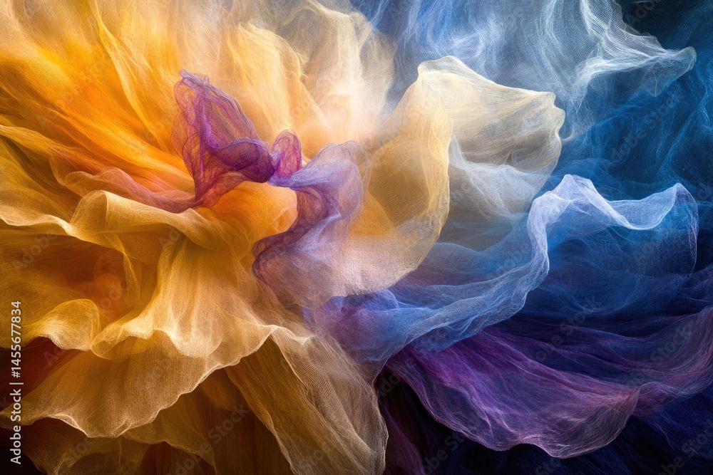 Poster flowing, vibrant fabrics in gold, blue, and purple hues create a dynamic abstract design. layers of 