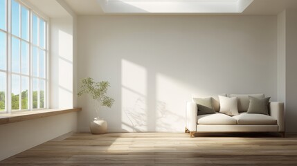 Fototapeta premium Bright living space with minimalist furniture and natural light / Serene simplicity in modern home design 