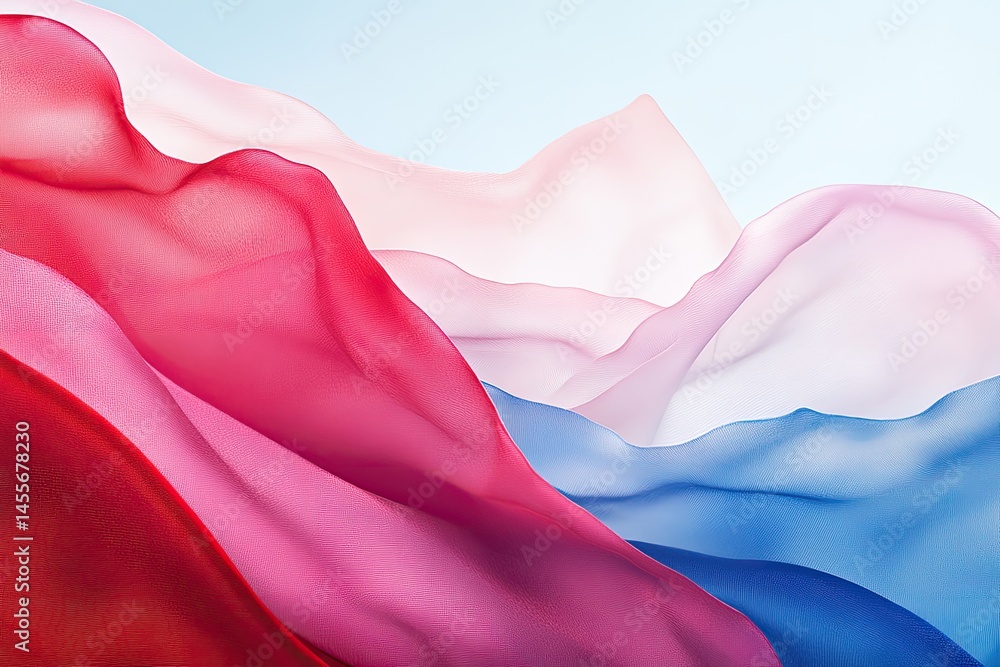 Poster fluid fabric drapes in vibrant colors, flowing against a light backdrop. detailed soft folds and sub