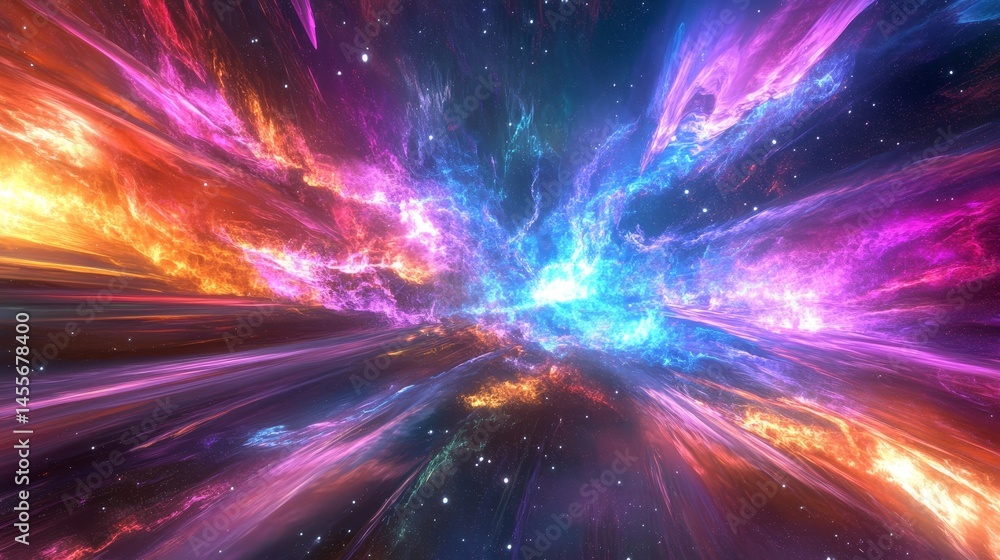 Poster vibrant light trails create a dreamlike effect in a cosmic landscape depicting dynamic movement and 