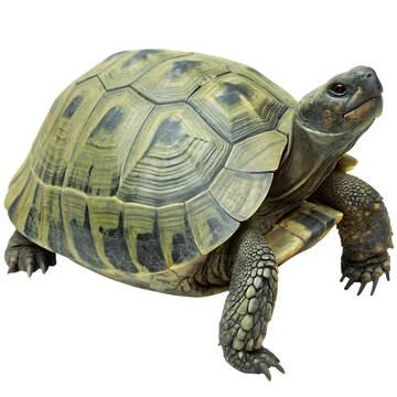 Detailed close up view of a tortoise with an attractive pattern isolated on white background