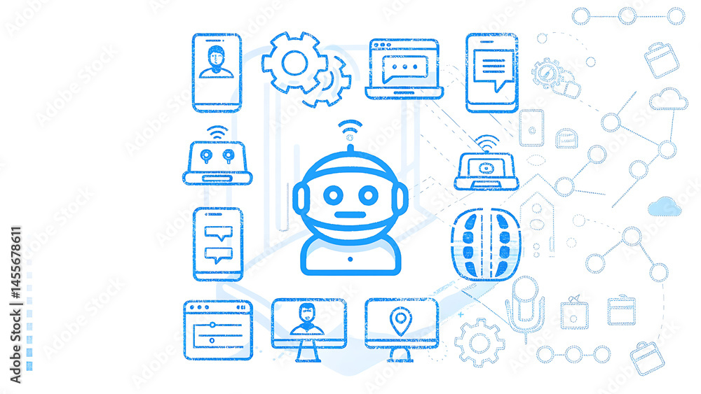 Poster various digital icons and symbols surrounding a central device representing connectivity