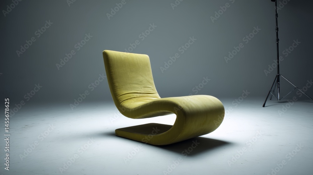 Poster a curved yellow lounge chair rests on a light floor, lit by studio lights that accentuate its sleek 