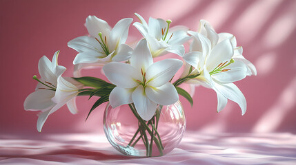 White lilies in an iridescent vase on a pastel surface