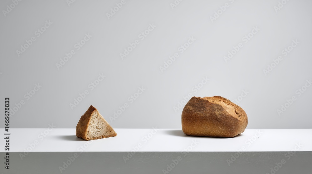 Poster Front view of a rustic loaf featuring a deep golden crust and a slice cut, elegantly placed on a white surface illuminated by soft studio lighting
