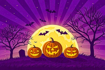 Fototapeta premium Halloween night scene with glowing pumpkins full moon flying bats spooky trees and starry purple sky 