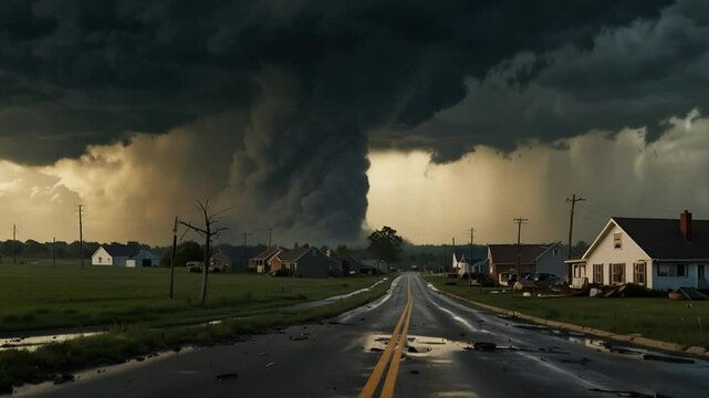 powerful tornado funnel cloud in the distance, dominating the center of the frame