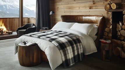 Luxurious mountain bedroom with a fireplace and scenic view