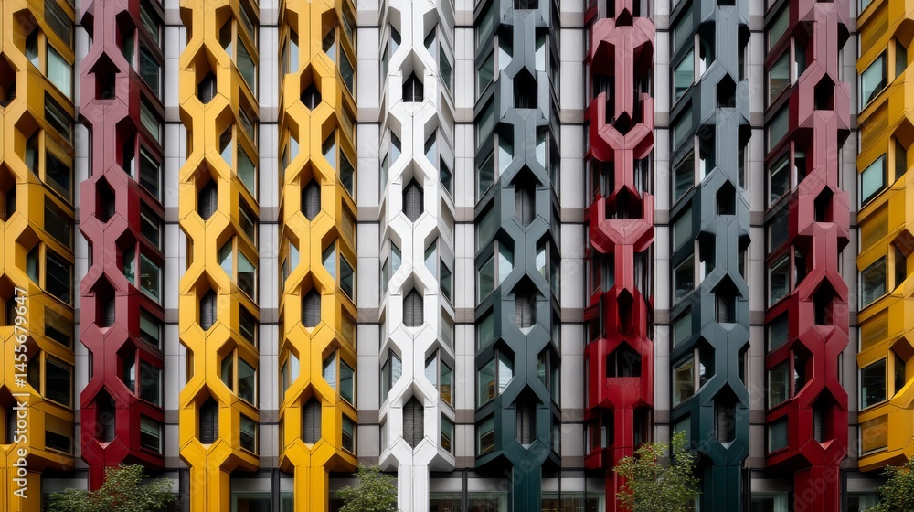 Fototapete Full-frame abstract design showcases repeating geometric shapes in alternating vibrant colors, creating a dynamic rhythm with ample copy space on the right side