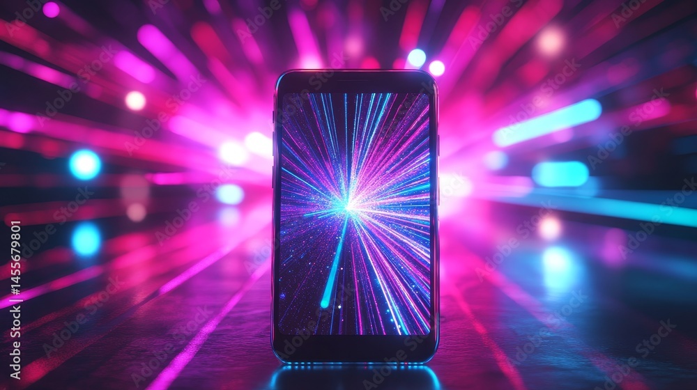 Poster dynamic abstract composition featuring a smartphone illuminated by vibrant light rays in a dark sett